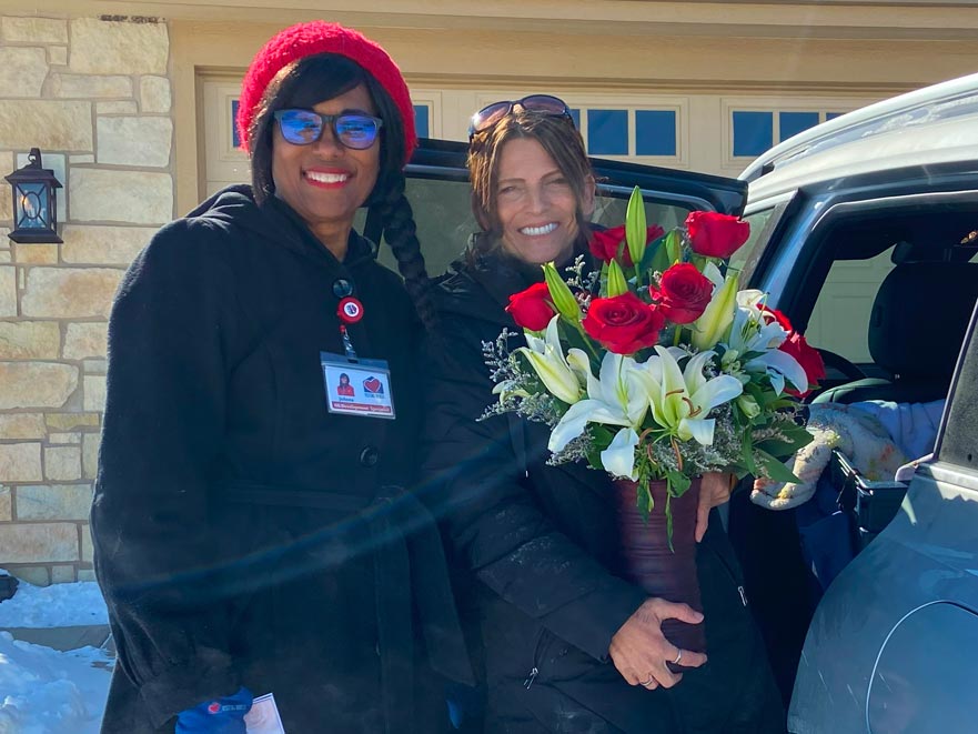 JoAnna and Kristine delivering flowers for Dillons Floral department on Valentines Day